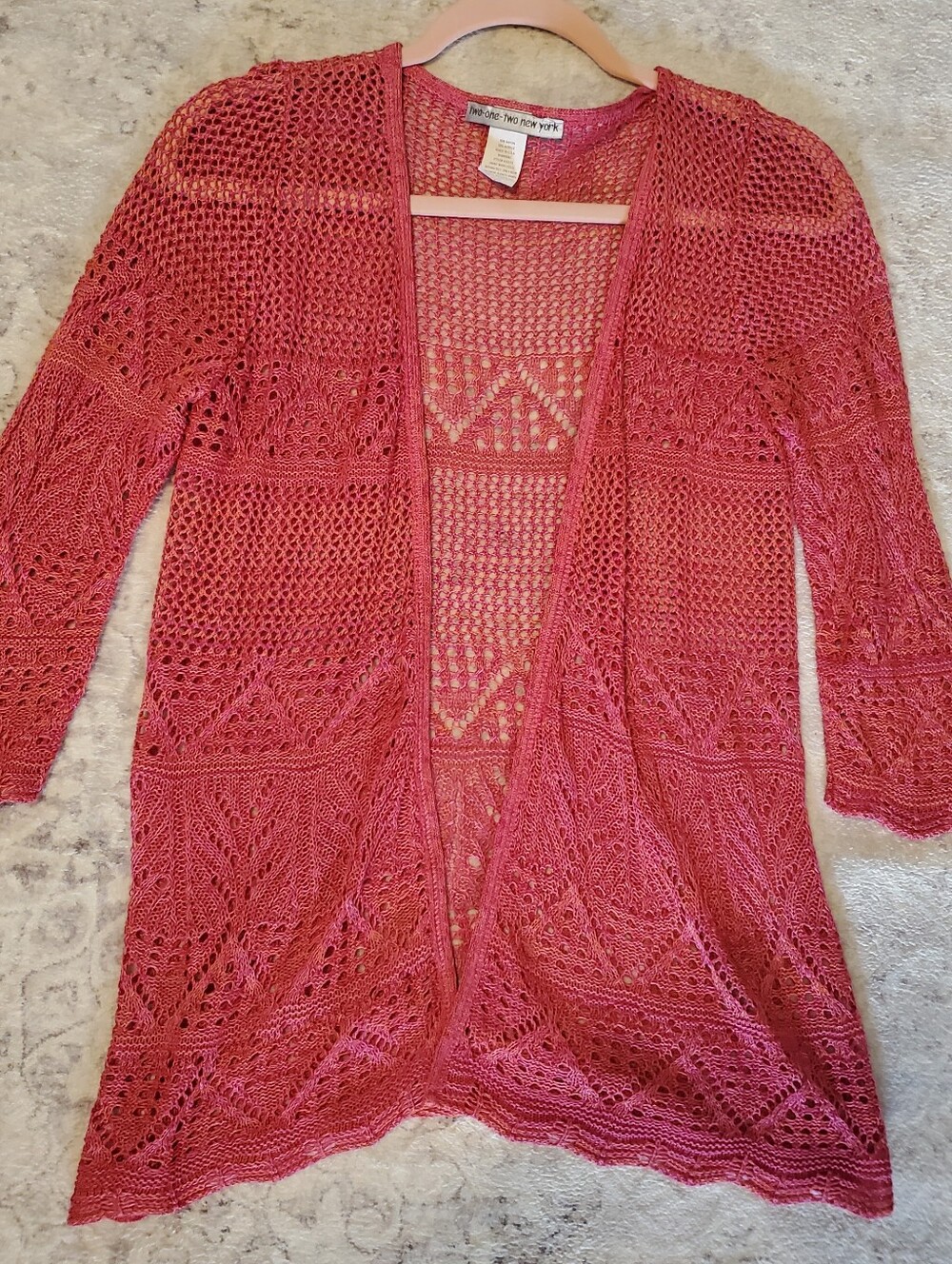 Women's Small Pink Coarl Crochet Knitted Open Cardigan